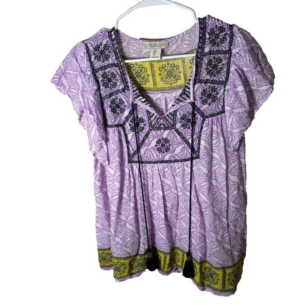 Rachel Zoe Blouse Women's Large V-Neck Embroidered Tassel Boho Short Sleeve
